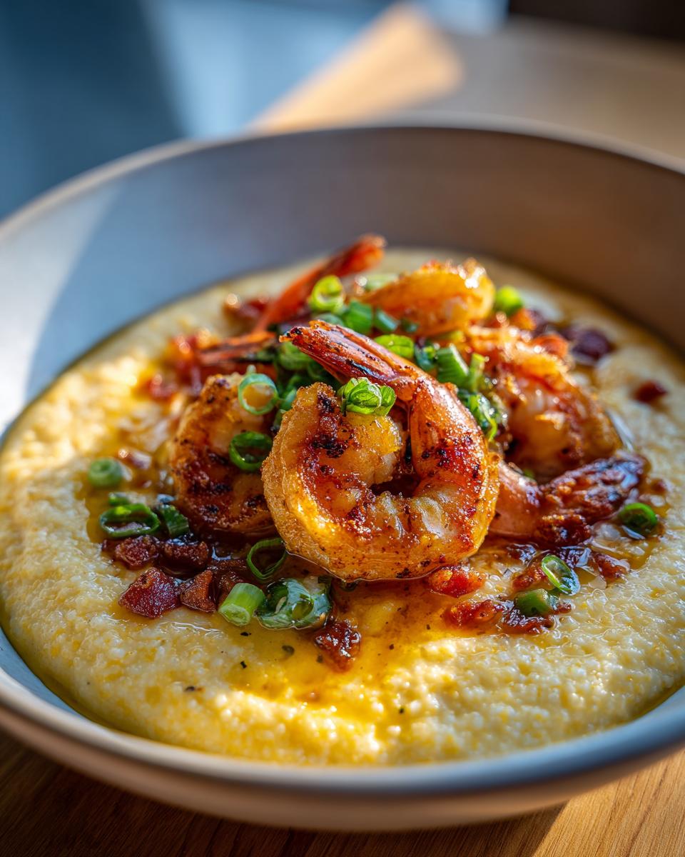Close-up of Cajun shrimp and grits topped with crispy bacon and chopped green onions.