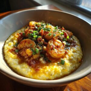 Close-up of creamy grits topped with seasoned Cajun shrimp and chopped chives in a bowl.
