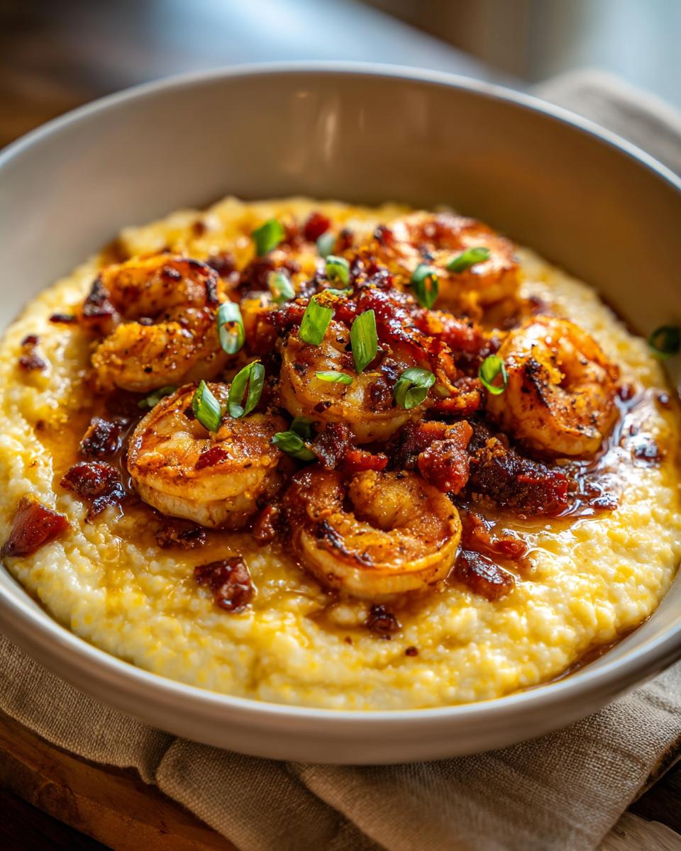 A close-up of creamy grits topped with perfectly seasoned Cajun shrimp and crumbled bacon, garnished with green onions.