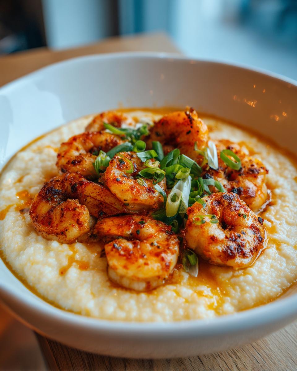 A bowl of creamy grits topped with perfectly seasoned Cajun shrimp and fresh green onions.