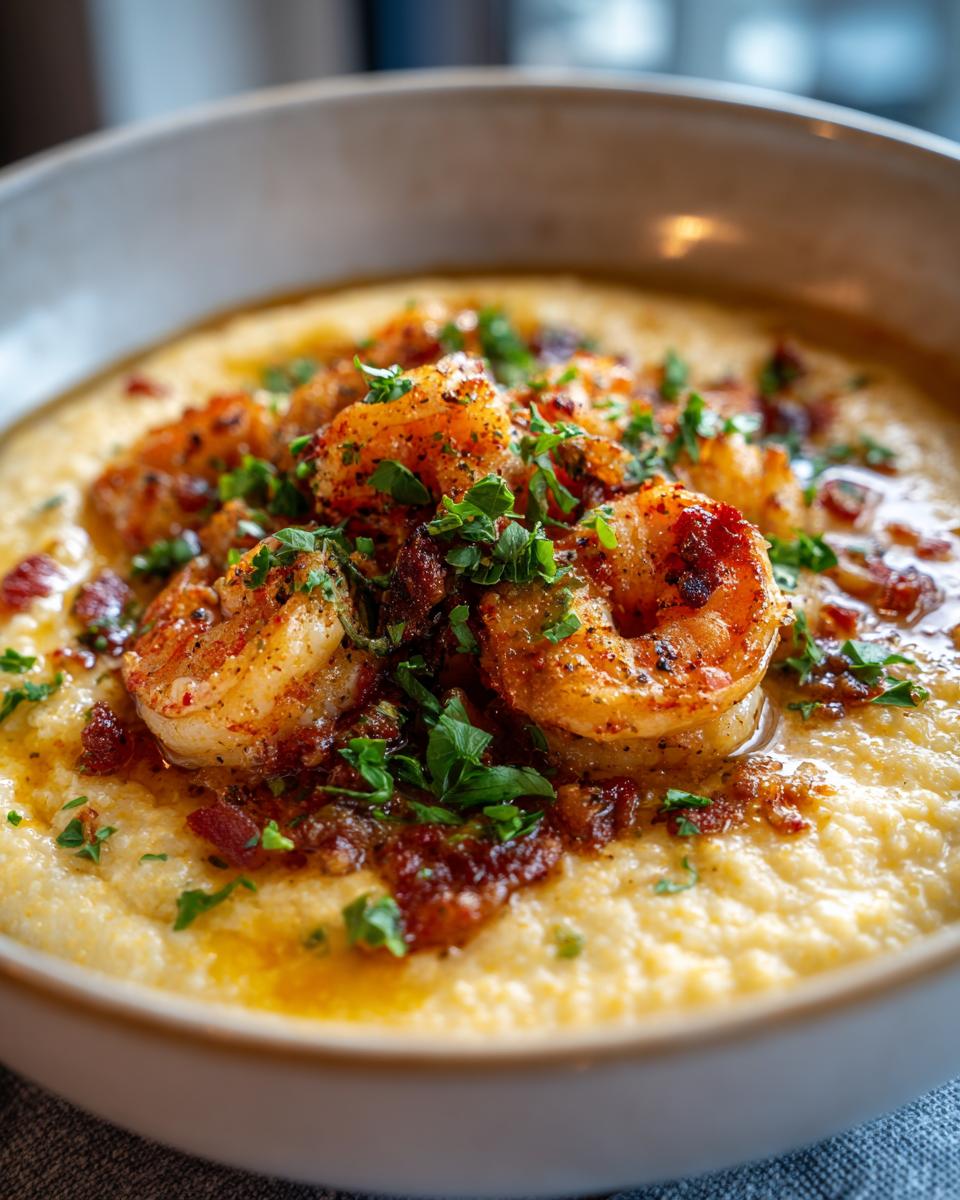 Close-up of creamy grits topped with seasoned Cajun shrimp and crumbled bacon, garnished with parsley.