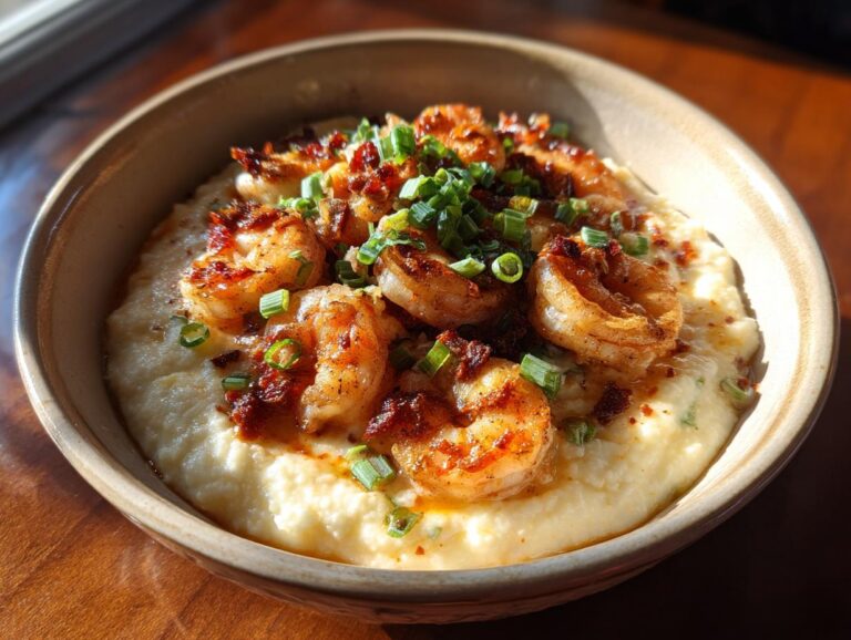 A close-up of creamy grits topped with seasoned Cajun shrimp and garnished with chopped green onions.