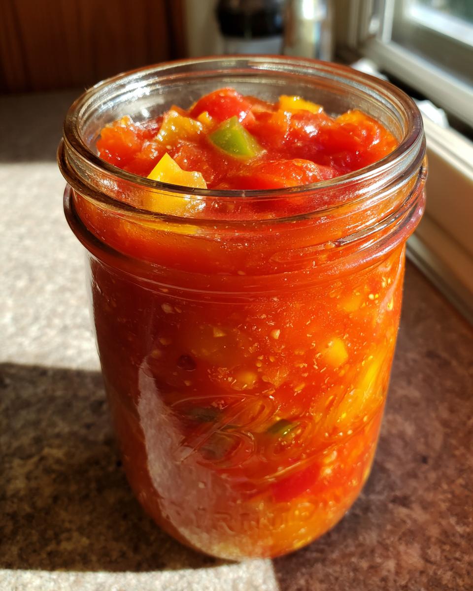 Close-up of a glass jar filled with vibrant, chunky canned salsa, featuring tomatoes, green and yellow peppers.