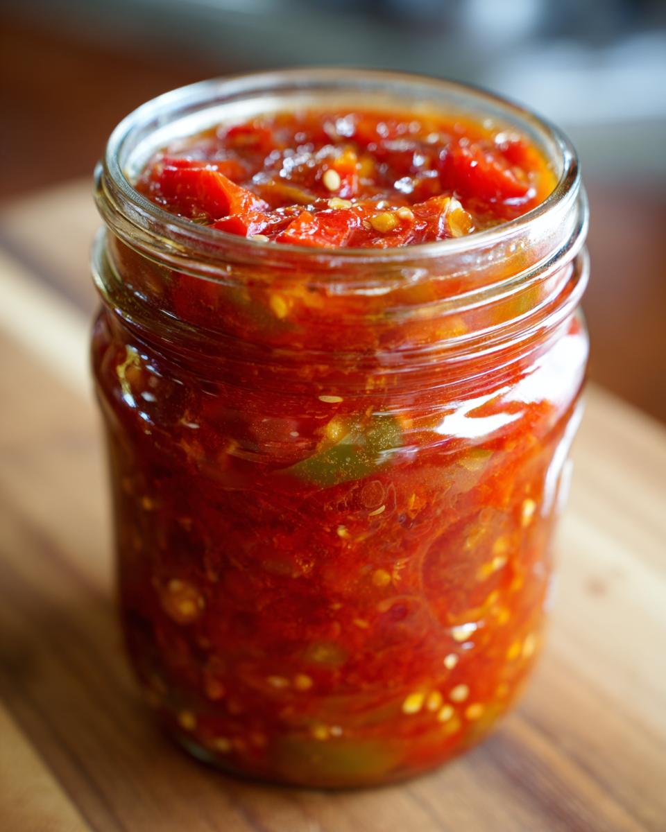 Close-up of a glass jar filled with vibrant red canned salsa, showing chunks of tomatoes and peppers.