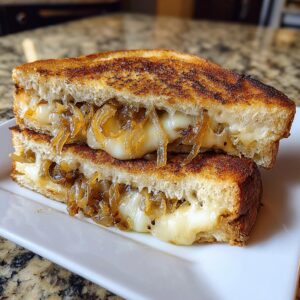 Close-up of a perfectly grilled caramelized onion grilled cheese sandwich, with melted Gruyere cheese oozing out.