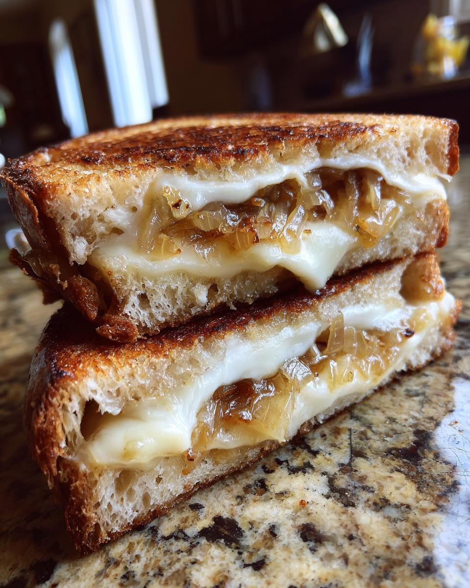 Close-up of a perfectly grilled caramelized onion grilled cheese sandwich, showing gooey melted cheese and toasted bread.