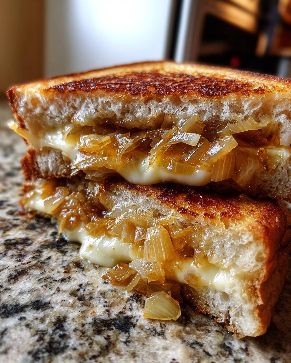 Close-up of a perfectly grilled caramelized onion grilled cheese sandwich with melted Gruyere cheese oozing out.