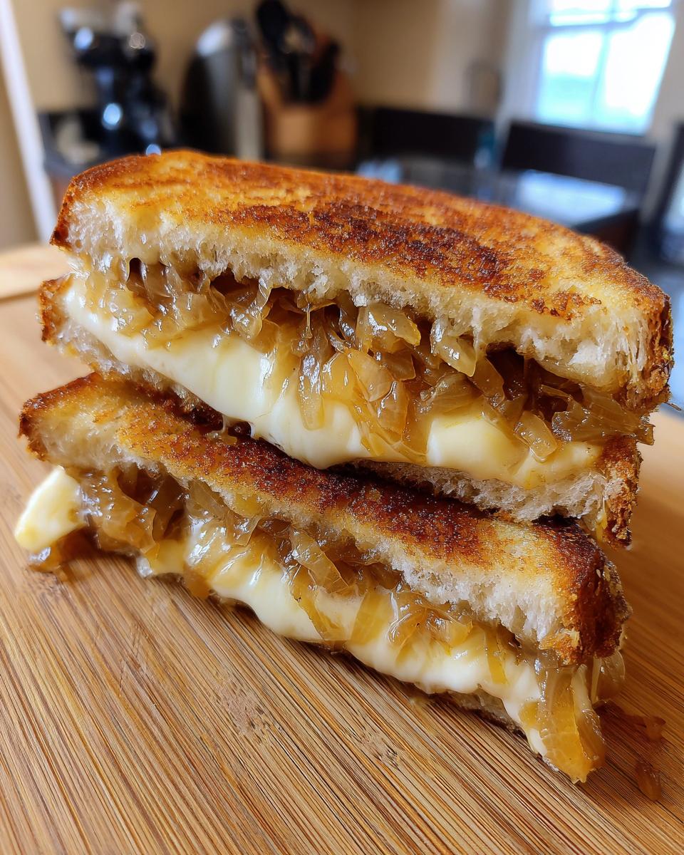 Close-up of a delicious caramelized onion grilled cheese sandwich, with melted Gruyere cheese oozing out.