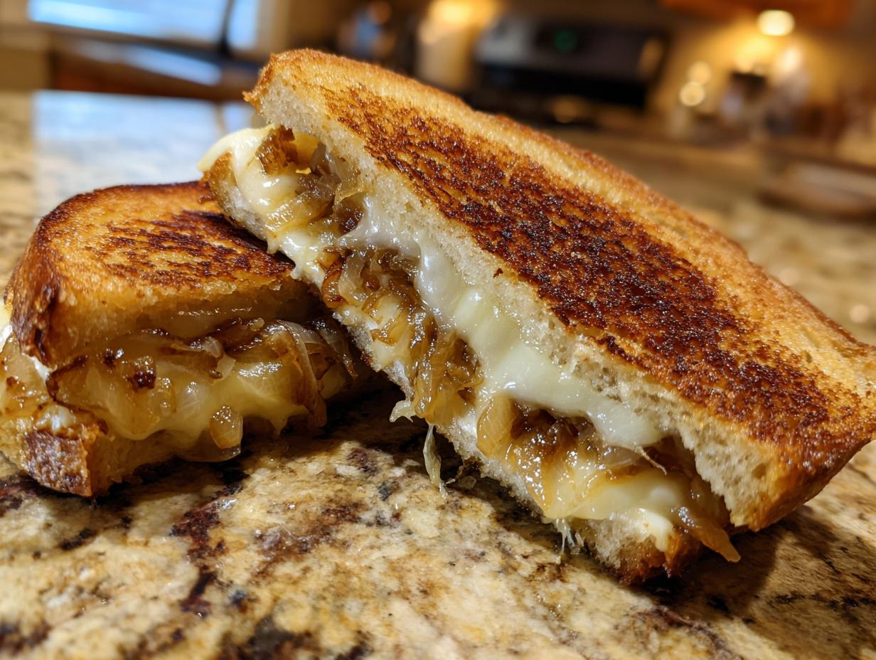 Close-up of a perfectly grilled caramelized onion grilled cheese sandwich, oozing with melted Gruyere cheese.