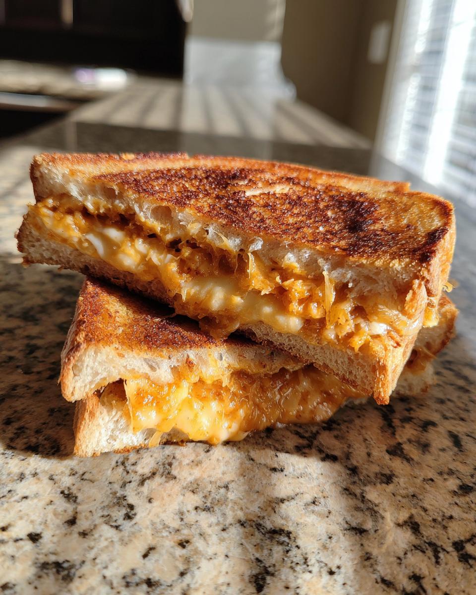 A close-up of a perfectly grilled caramelized onion grilled cheese sandwich, with gooey melted cheese oozing out.
