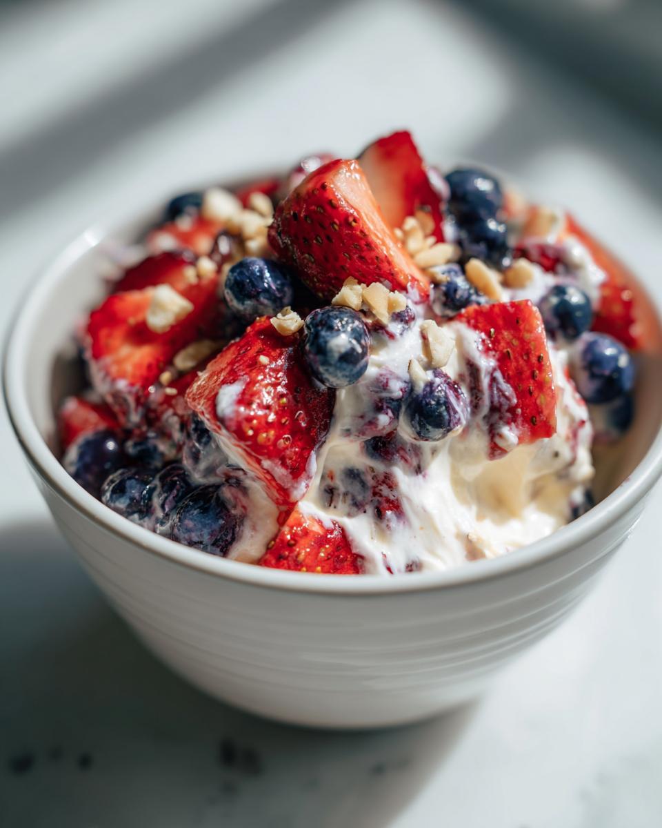A close-up of a bowl filled with a creamy cheesecake fruit salad featuring fresh strawberries and blueberries, topped with chopped nuts.