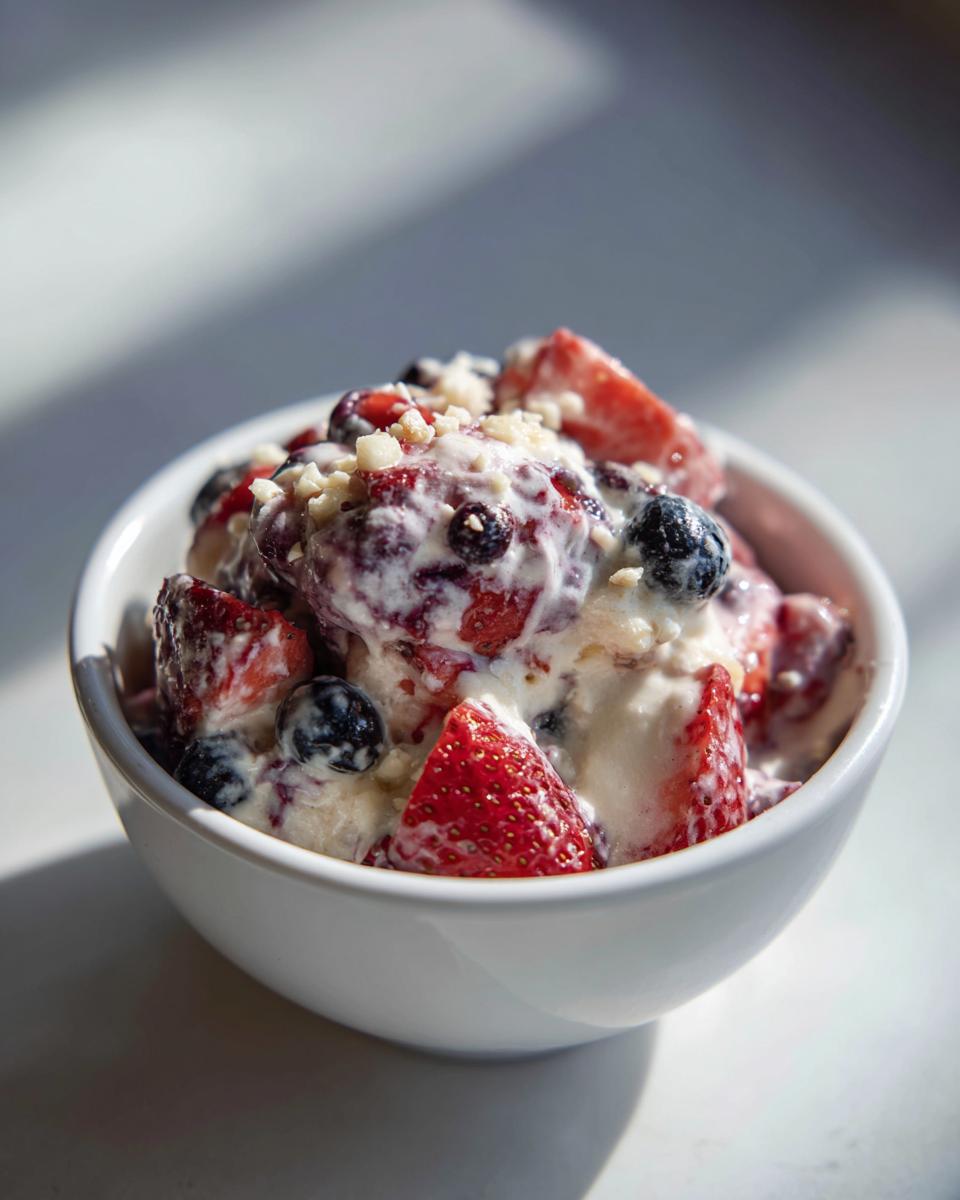 A close-up of a white bowl filled with a creamy cheesecake fruit salad, featuring fresh strawberries, blueberries, and a sprinkle of nuts.