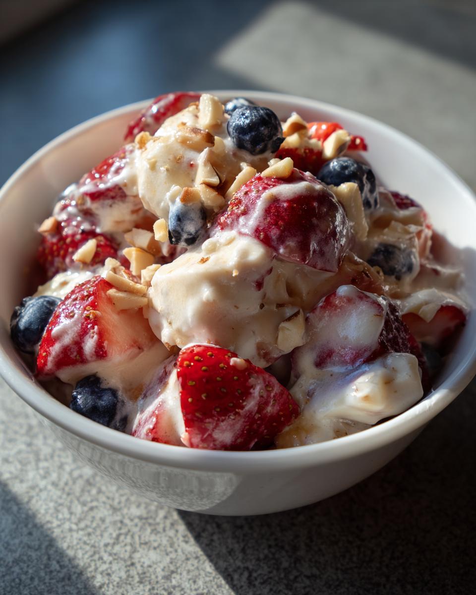 A close-up of a white bowl filled with a vibrant cheesecake fruit salad featuring strawberries, blueberries, bananas, and chopped nuts.
