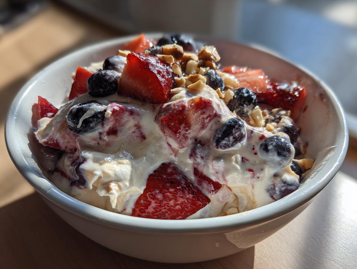A close-up of a white bowl filled with creamy cheesecake fruit salad, topped with fresh strawberries, blueberries, and chopped nuts.
