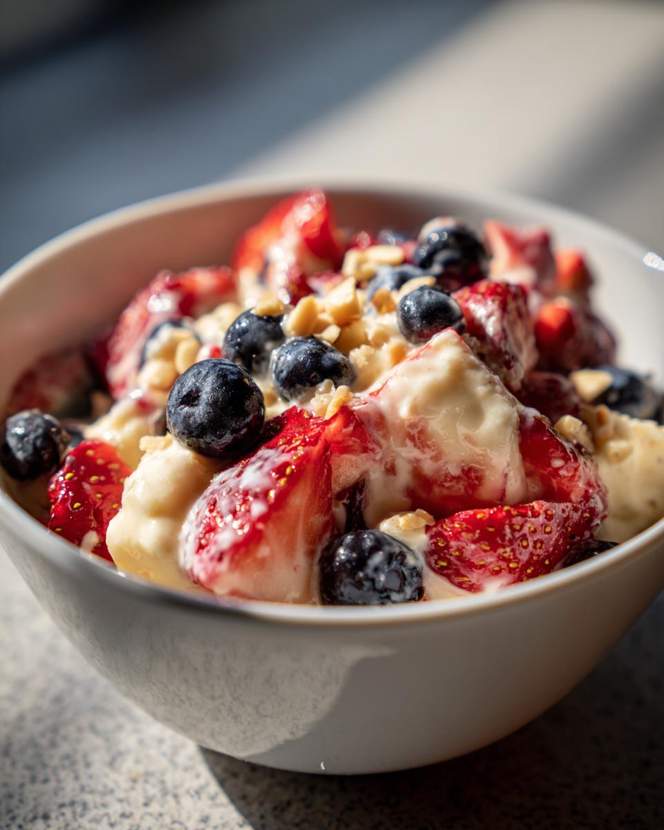 A close-up of a bowl filled with fresh strawberries, blueberries, and creamy cheesecake filling, topped with chopped nuts.