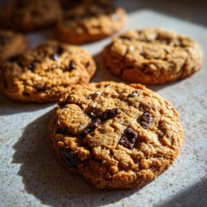 Close-up of a perfectly baked chewy pumpkin chocolate chip cookie, sprinkled with sea salt.