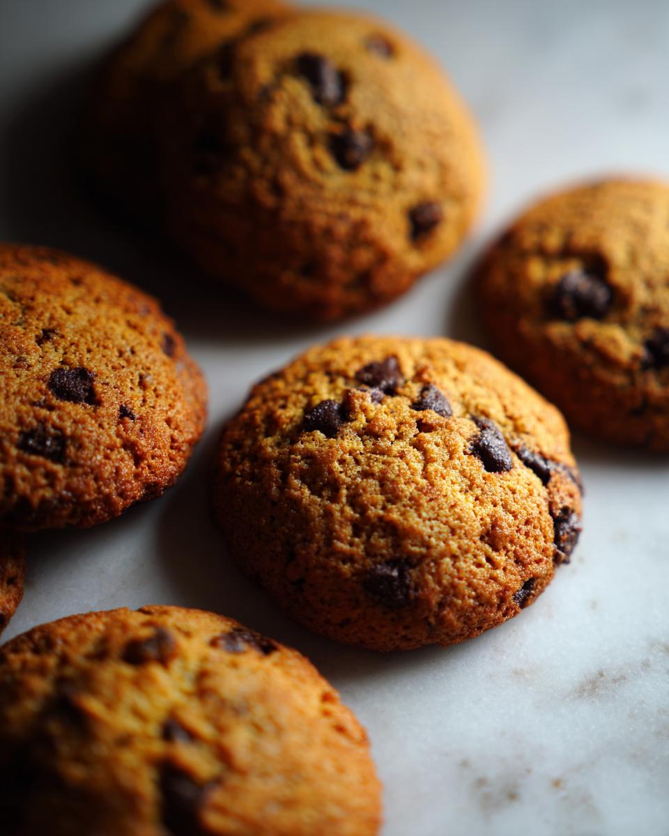A close-up view of several chewy pumpkin chocolate chip cookies on a marble surface.