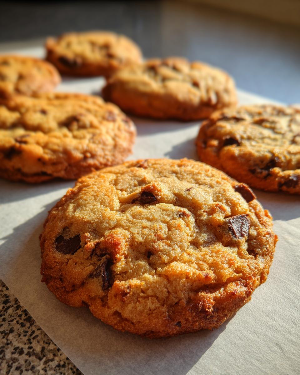 Close-up of a delicious chewy pumpkin chocolate chip cookie with visible chocolate chunks.