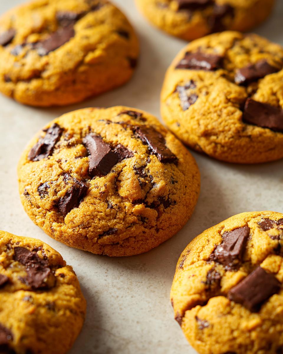 Close-up of several delicious chewy pumpkin chocolate chip cookies, with visible chunks of dark chocolate.