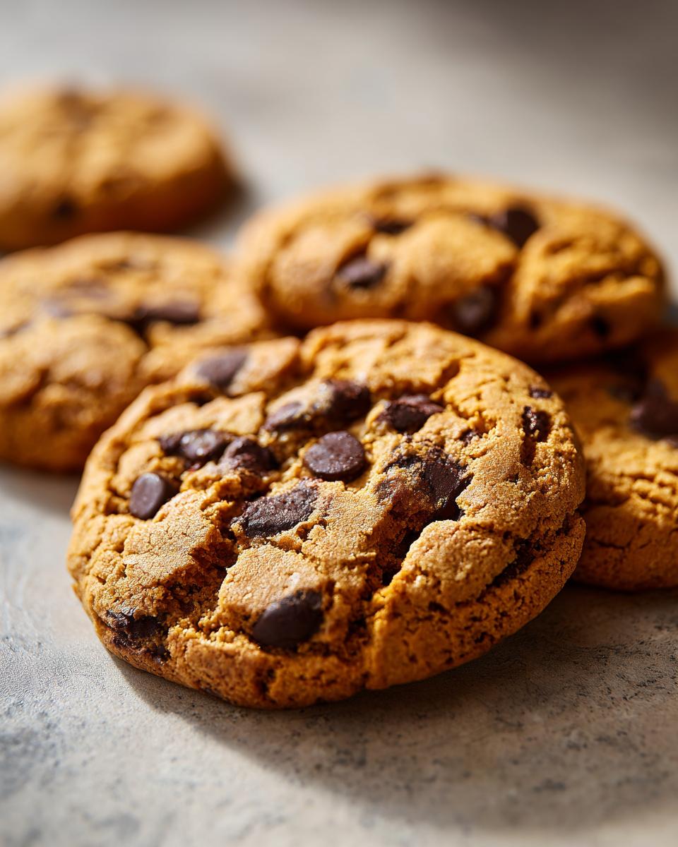 Close up of delicious chewy pumpkin chocolate chip cookies with dark chocolate chunks.