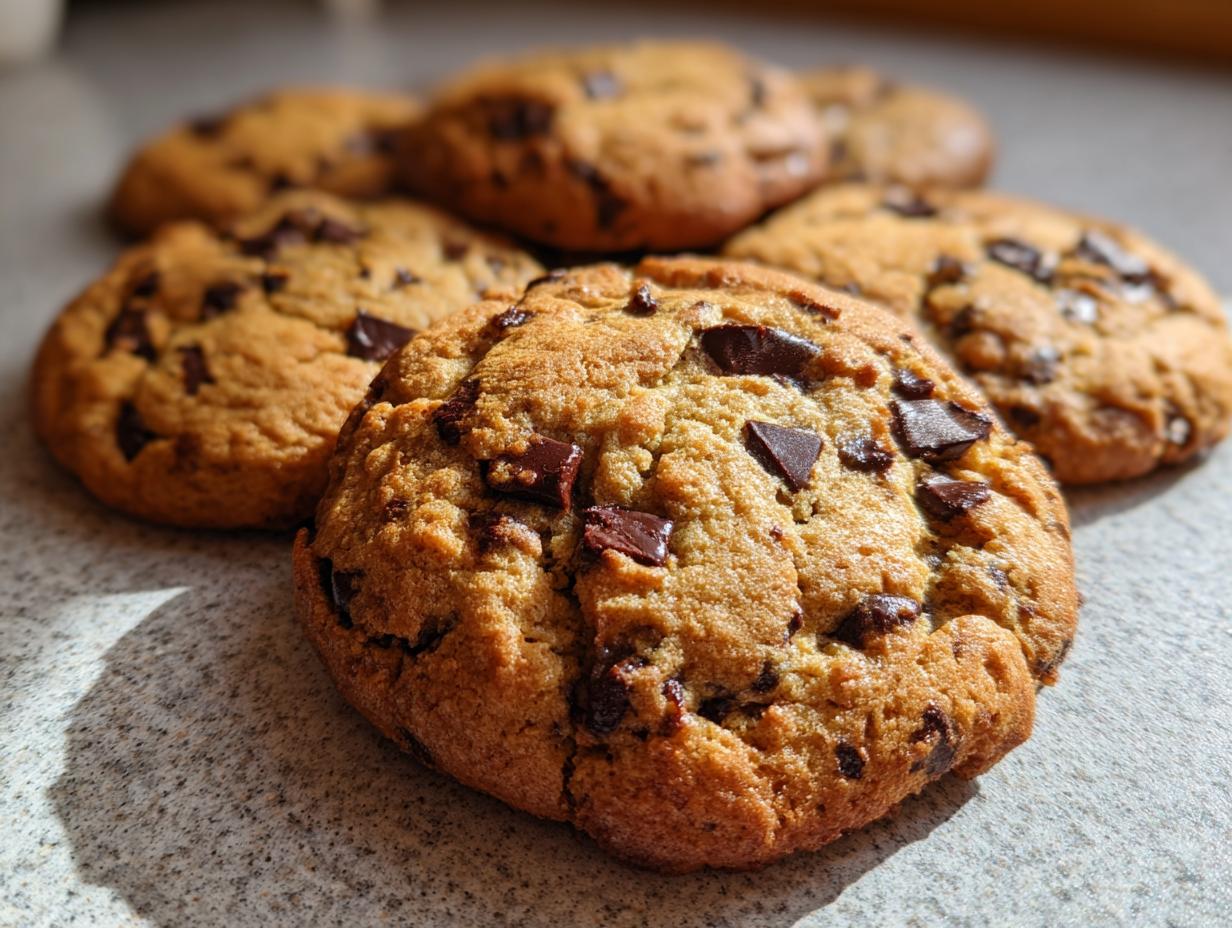 A close-up of a delicious chewy pumpkin chocolate chip cookie, with several more in the background.