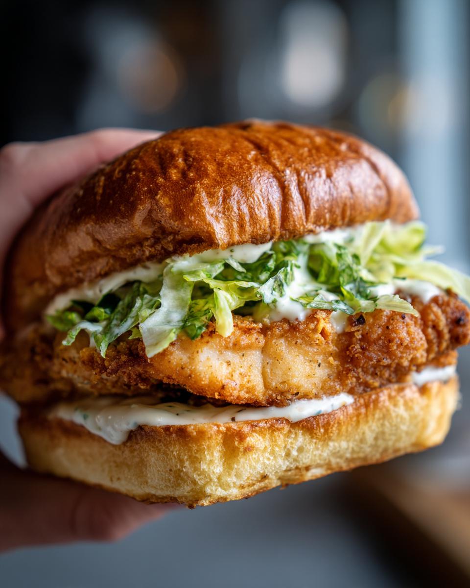 A close-up of a delicious chicken Caesar sandwich with a crispy chicken breast, shredded lettuce, and creamy dressing on a toasted bun.