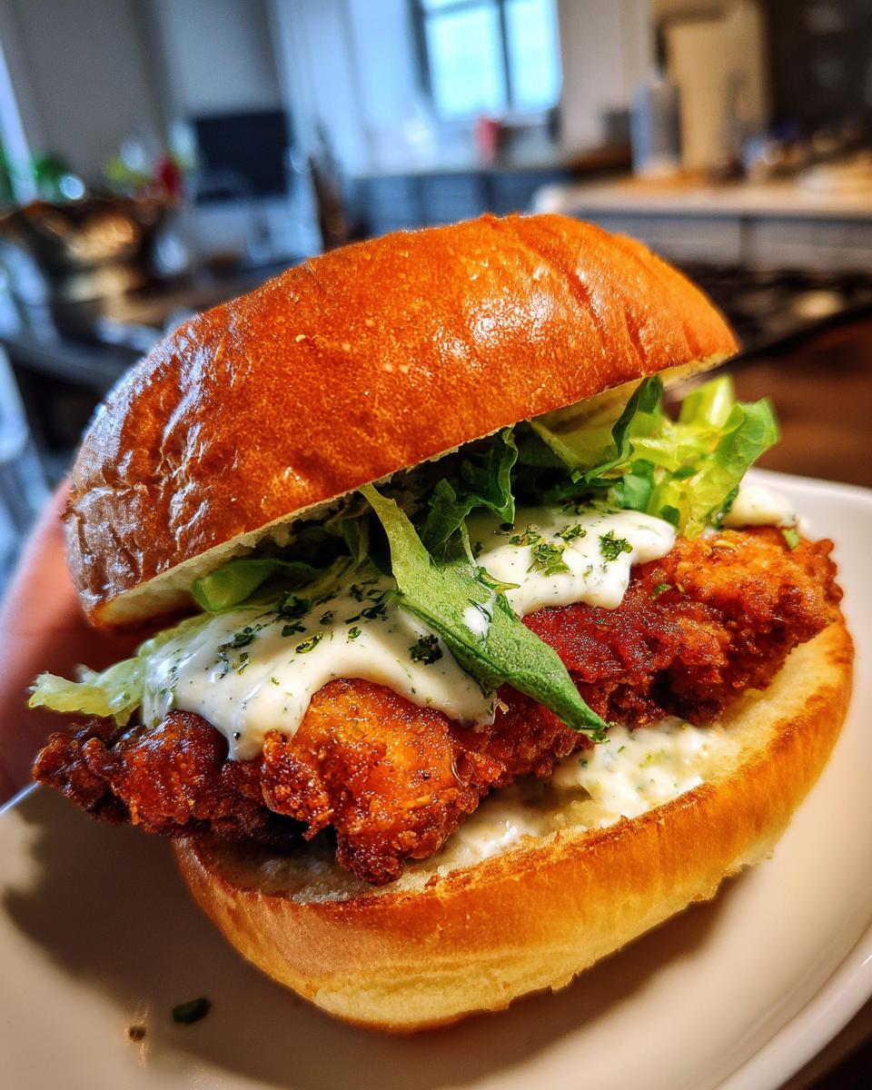 A close-up of a crispy chicken caesar sandwich on a brioche bun, topped with lettuce and creamy Caesar dressing.