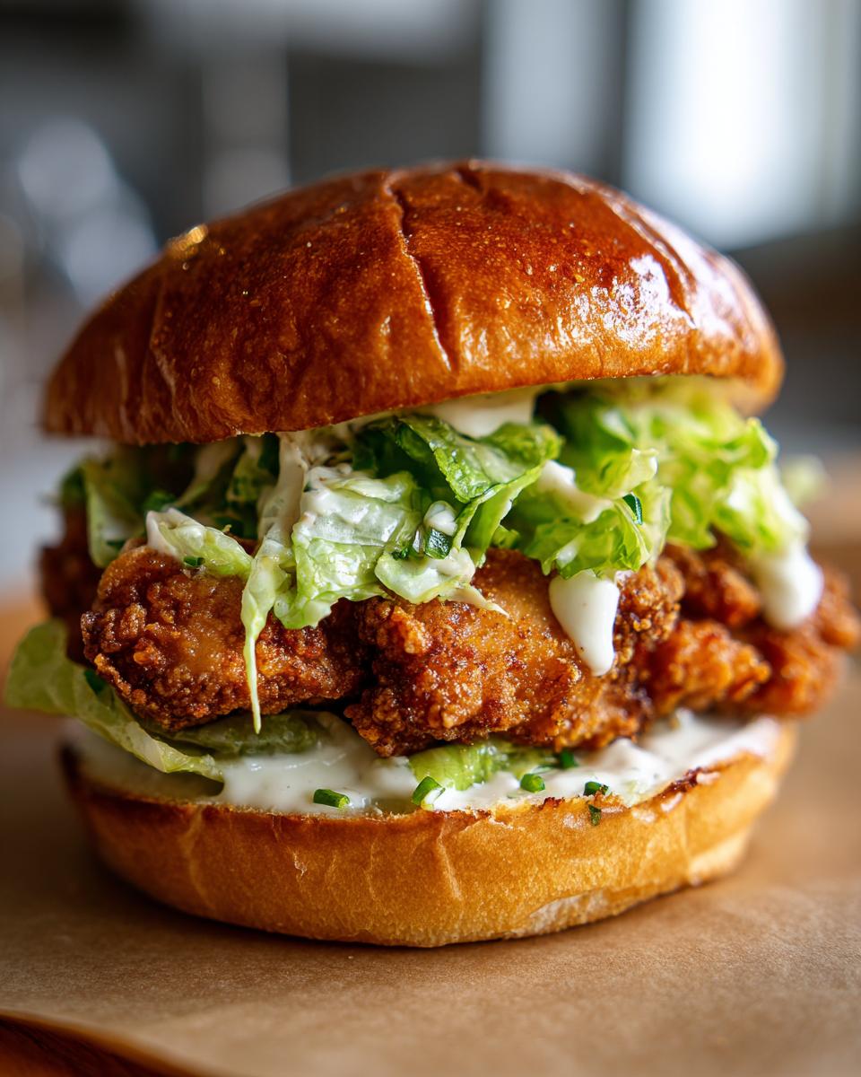 A close-up of a delicious chicken caesar sandwich with crispy fried chicken, fresh lettuce, and creamy caesar dressing on a brioche bun.