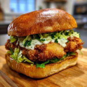 A close-up of a delicious chicken Caesar sandwich with crispy fried chicken, lettuce, and creamy dressing on a toasted brioche bun.