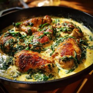 Close-up of pan-seared chicken pieces in a creamy sauce with spinach, a dish of chicken florentine.