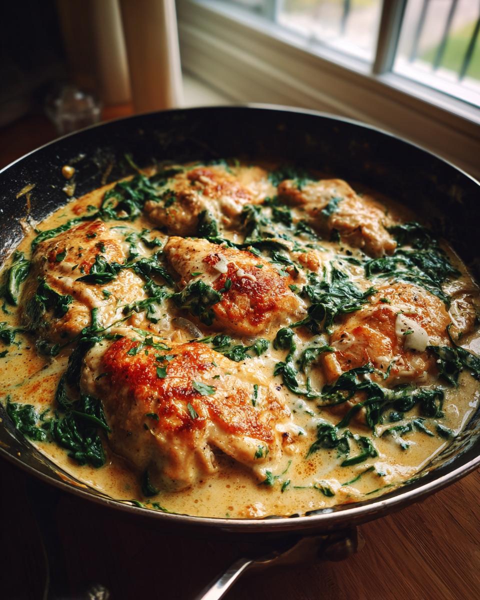 Close-up of pan-seared chicken florentine in a creamy sauce with spinach.