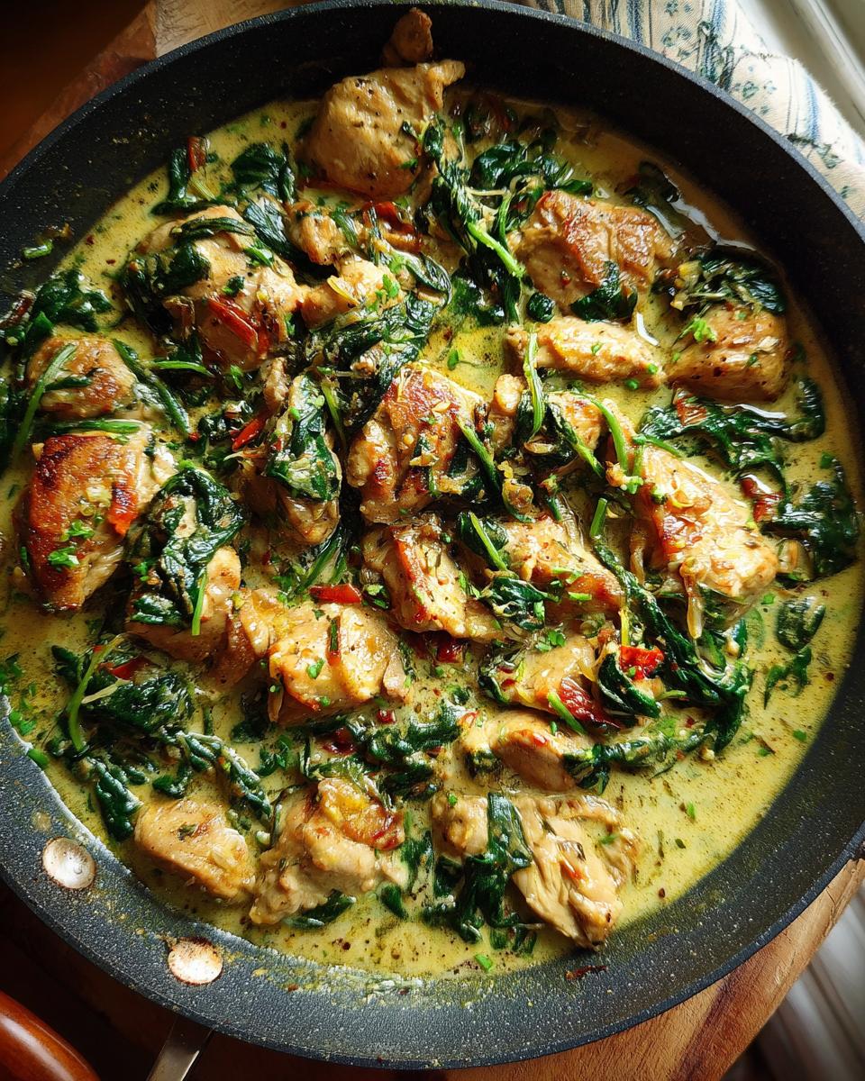 A close-up view of tender chicken pieces simmered in a creamy sauce with spinach, creating a flavorful chicken florentine.