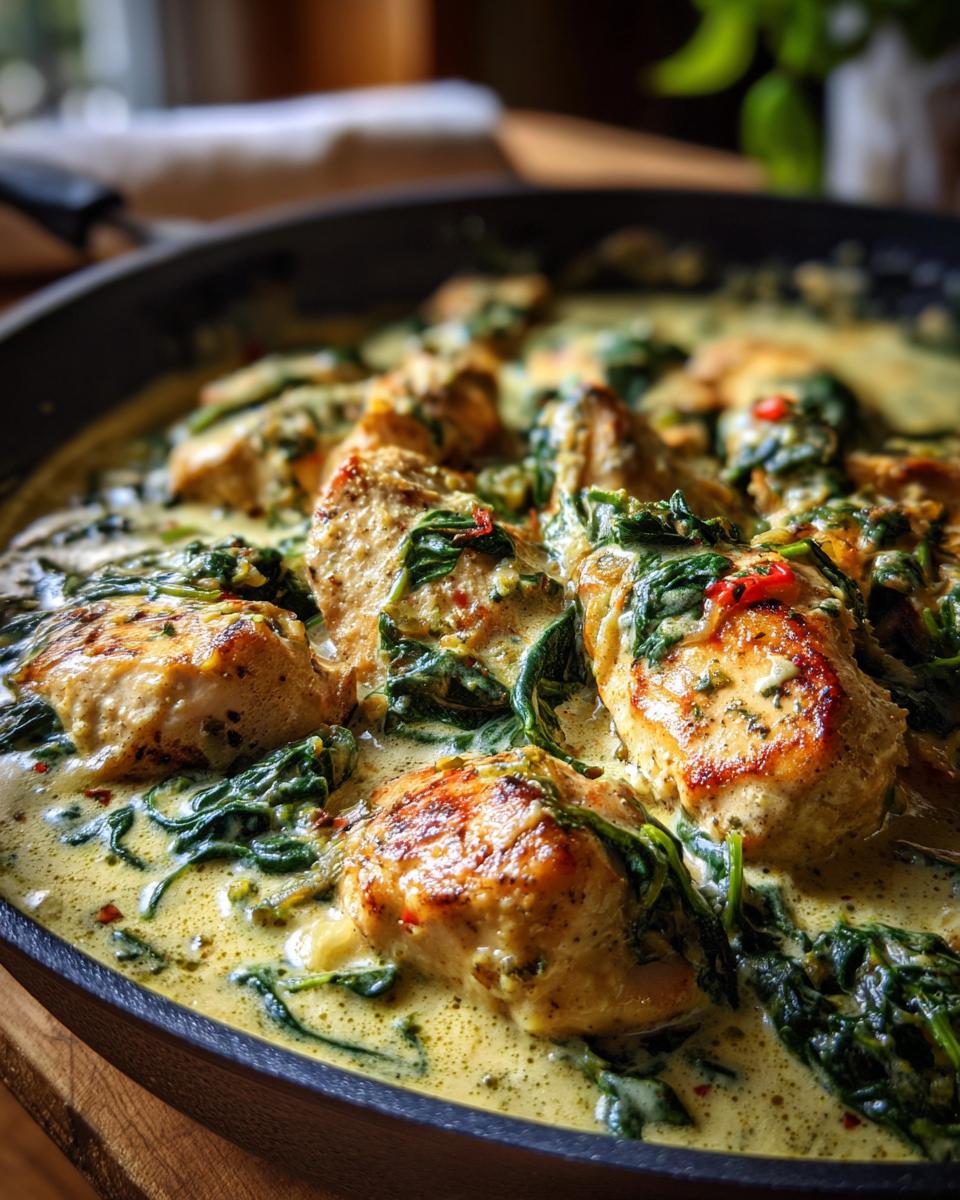 Close-up of juicy chicken florentine pieces in a rich, creamy sauce with wilted spinach.