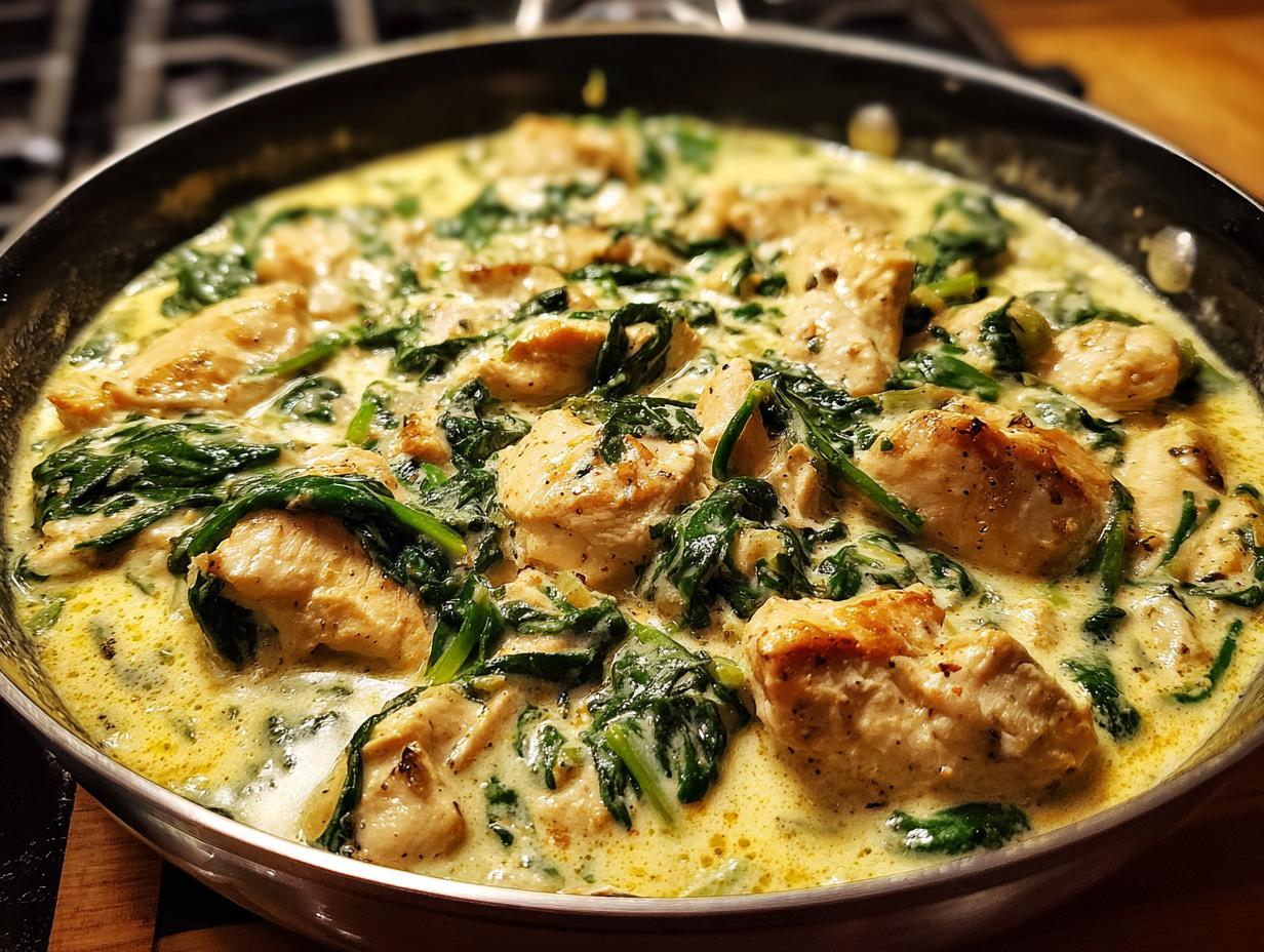 Close-up of tender chicken pieces and spinach in a rich, creamy sauce, showcasing the chicken florentine.