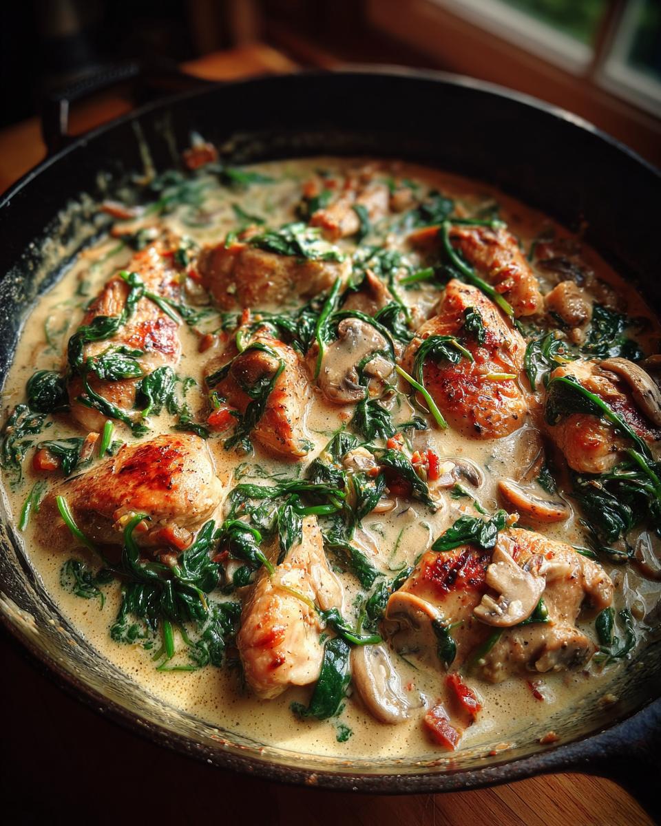 Close-up of succulent chicken florentine cooked in a creamy sauce with spinach and mushrooms in a black skillet.