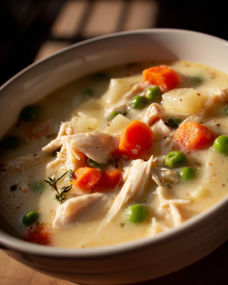 A close-up of creamy chicken pot pie soup filled with shredded chicken, carrots, peas, and potatoes.