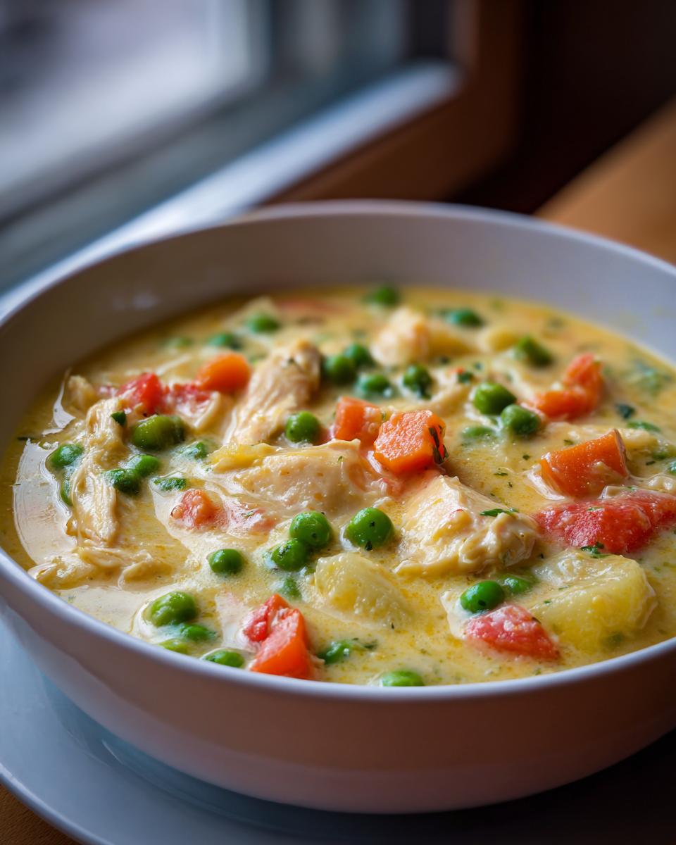 A close-up of a bowl of creamy chicken pot pie soup, filled with tender chicken, peas, carrots, and potatoes.