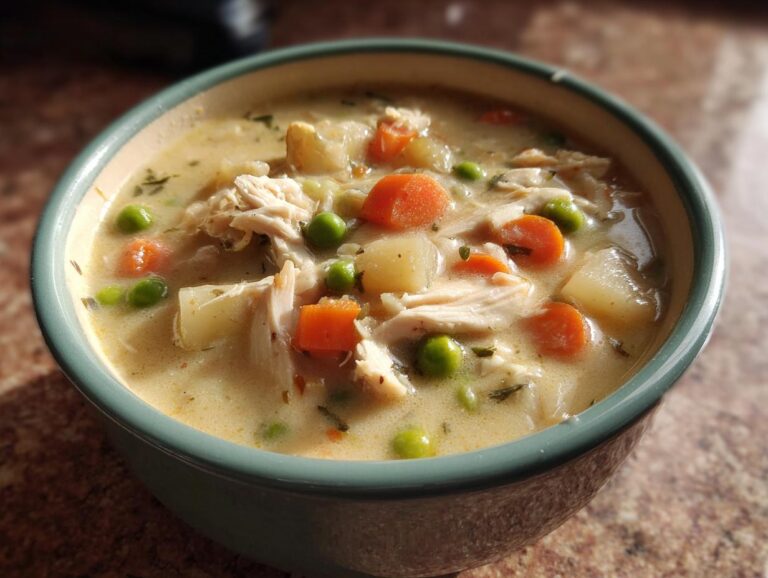 A close-up shot of a bowl of creamy chicken pot pie soup, filled with shredded chicken, carrots, peas, and potatoes.