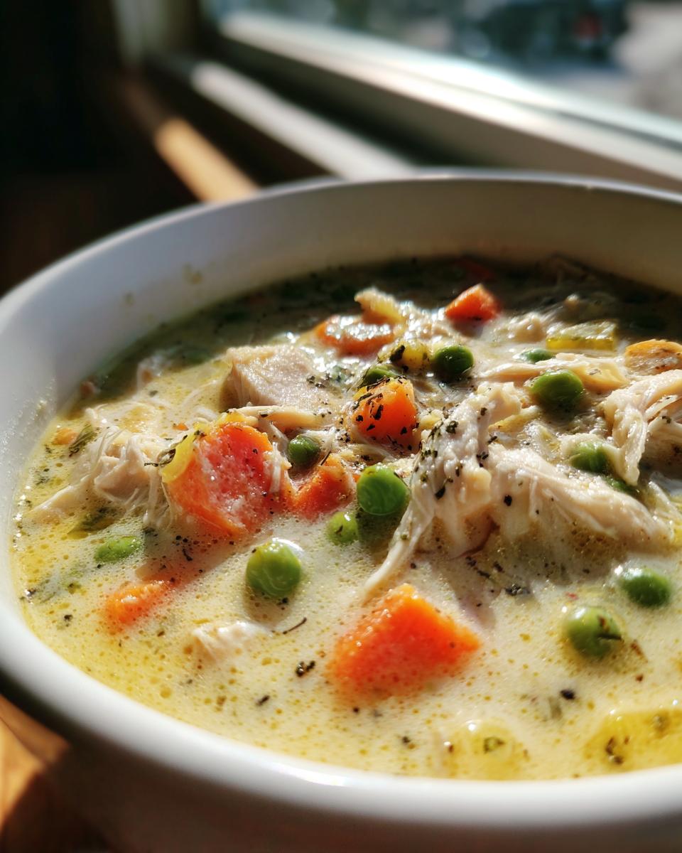 A close-up shot of a bowl of creamy chicken pot pie soup with shredded chicken, carrots, and peas.