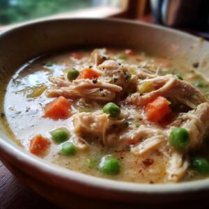 A close-up of a bowl of creamy chicken pot pie soup, filled with shredded chicken, peas, and carrots.