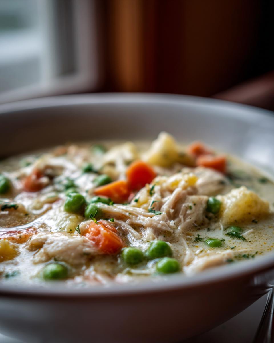 A close-up of a bowl of creamy chicken pot pie soup, filled with shredded chicken, peas, carrots, and potatoes.