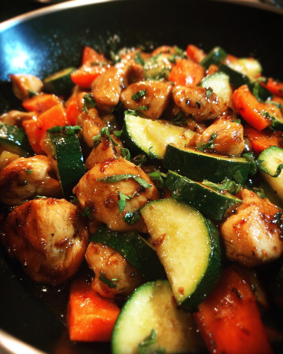 Close-up of chicken zucchini stir fry with carrots in a pan, glistening with sauce and garnished with herbs.