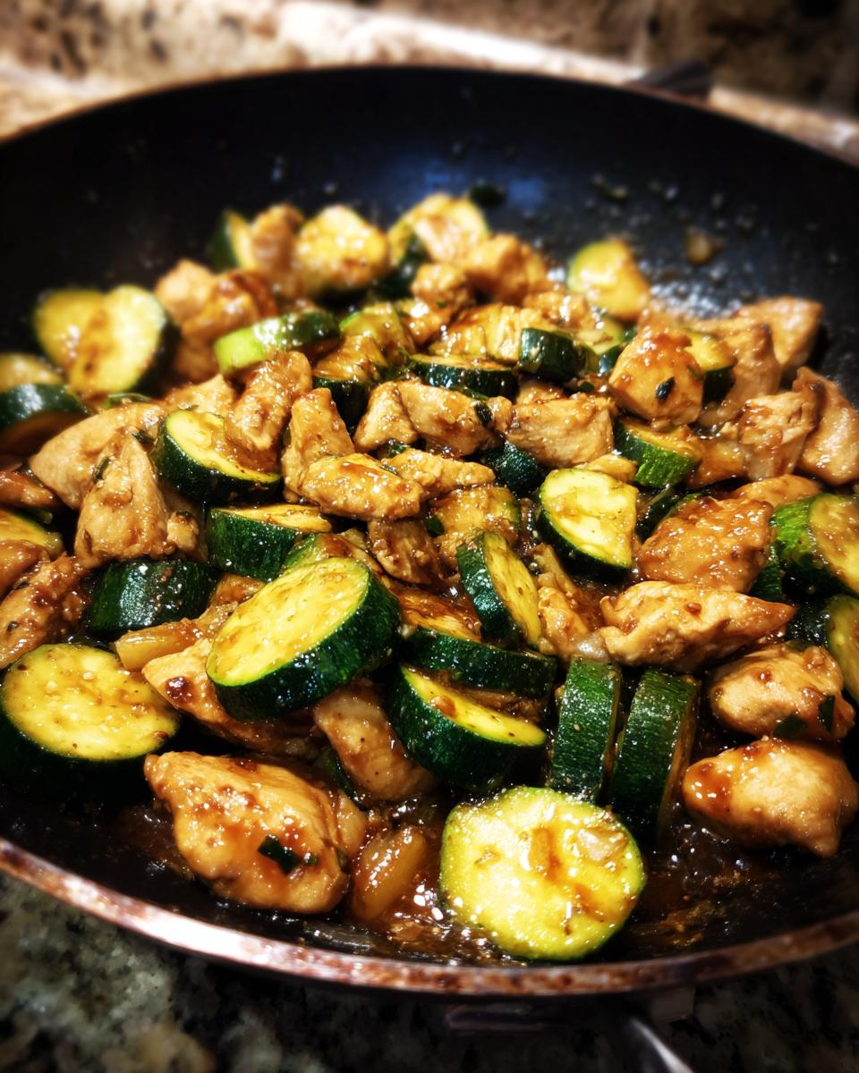 Close-up of chicken zucchini stir fry cooking in a black pan with a glossy sauce.
