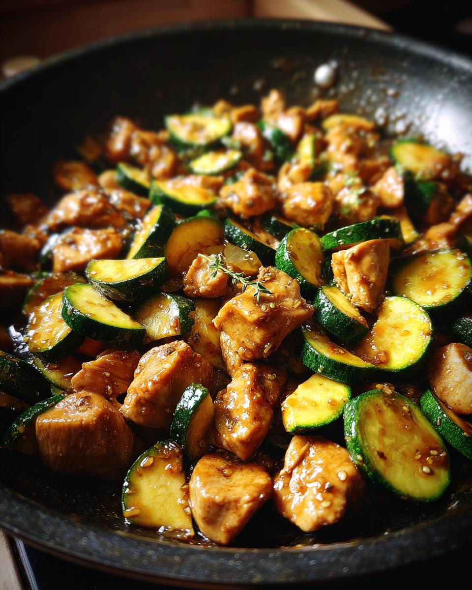 Close-up of chicken zucchini stir fry in a pan, with tender chicken pieces and sliced zucchini coated in a glossy sauce.