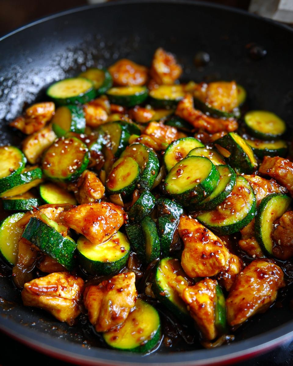 Close-up of chicken zucchini stir fry in a black pan, garnished with sesame seeds.
