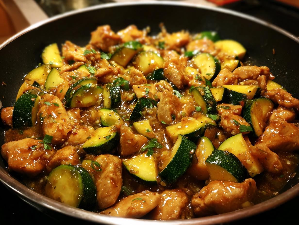 Close-up of a pan filled with glistening chicken zucchini stir fry, garnished with fresh herbs.