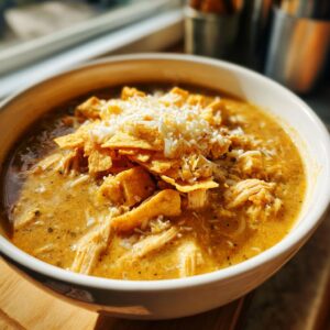 A close-up of a bowl of Chilis Chicken Enchilada Soup topped with tortilla strips and shredded cheese.