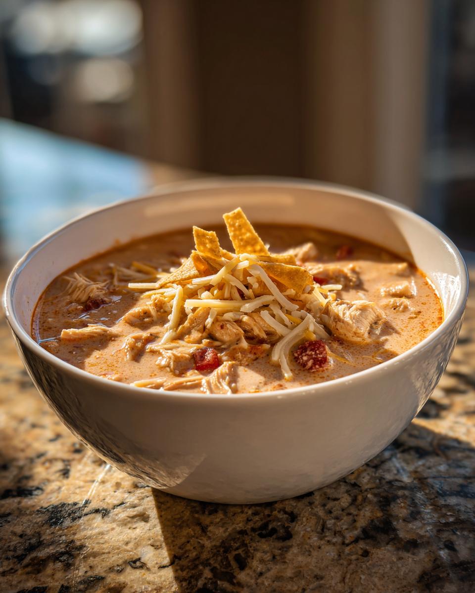 A close-up bowl of Chilis Chicken Enchilada Soup, topped with shredded cheese and tortilla strips.