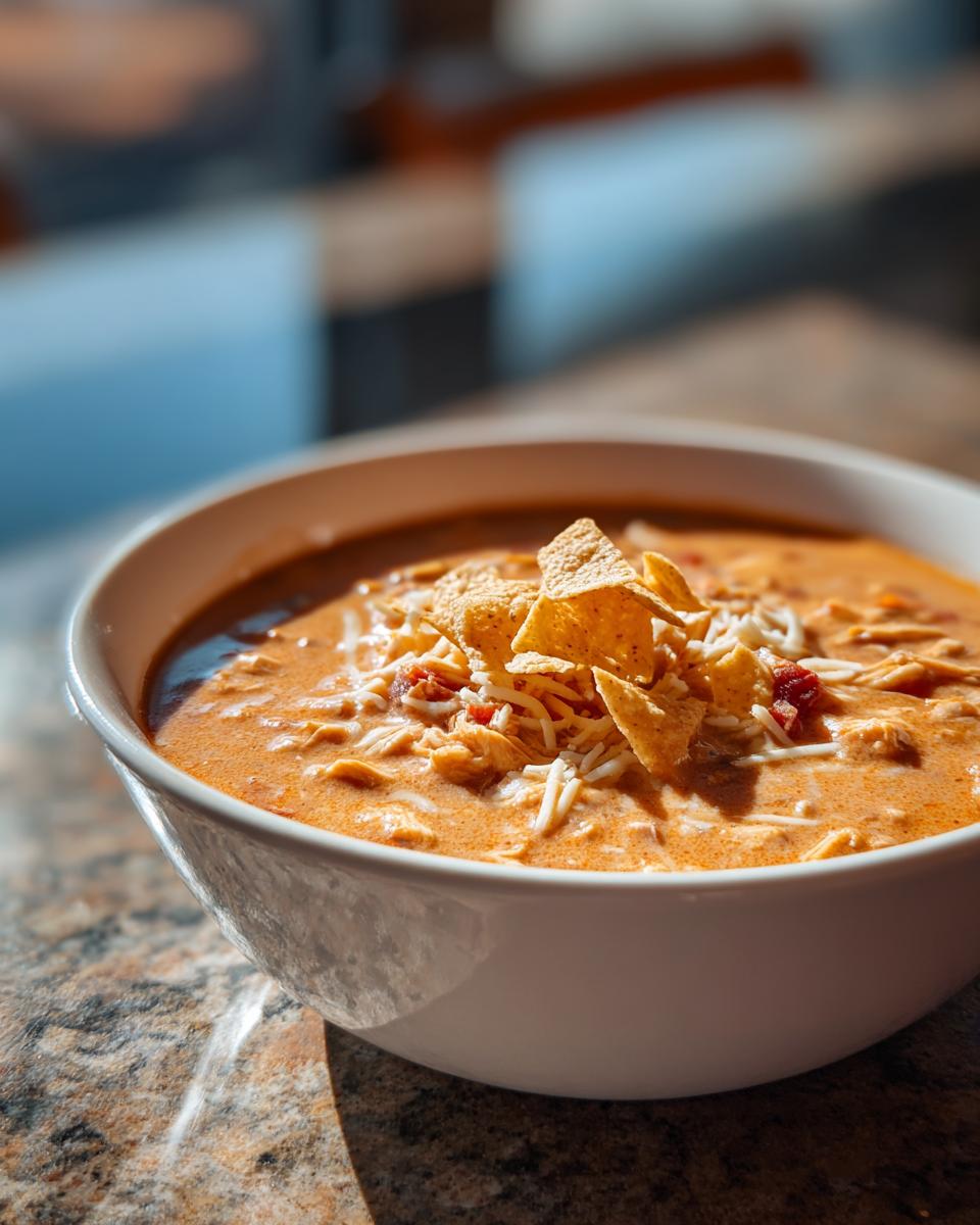 A close-up of a white bowl filled with creamy Chilis Chicken Enchilada Soup, topped with shredded cheese and tortilla chips.