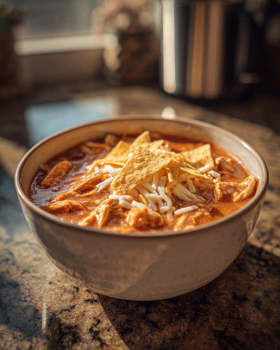 A close-up of a bowl of Chilis Chicken Enchilada Soup topped with shredded cheese and tortilla strips.